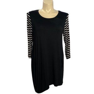 Comfy L Dress‎ Black Pockets Long Striped Sl Knee Length Casual Cozy Hand Wash